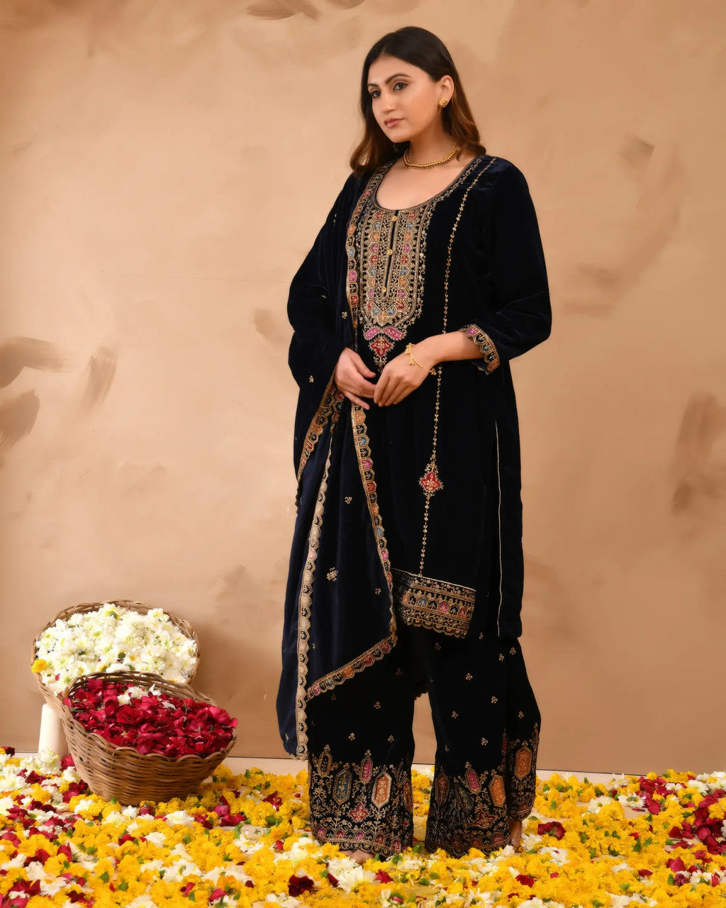 Royal Blue Pure Velvet top With Velvet Plazzo and Dupatta