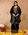 Royal Blue Pure Velvet top With Velvet Plazzo and Dupatta