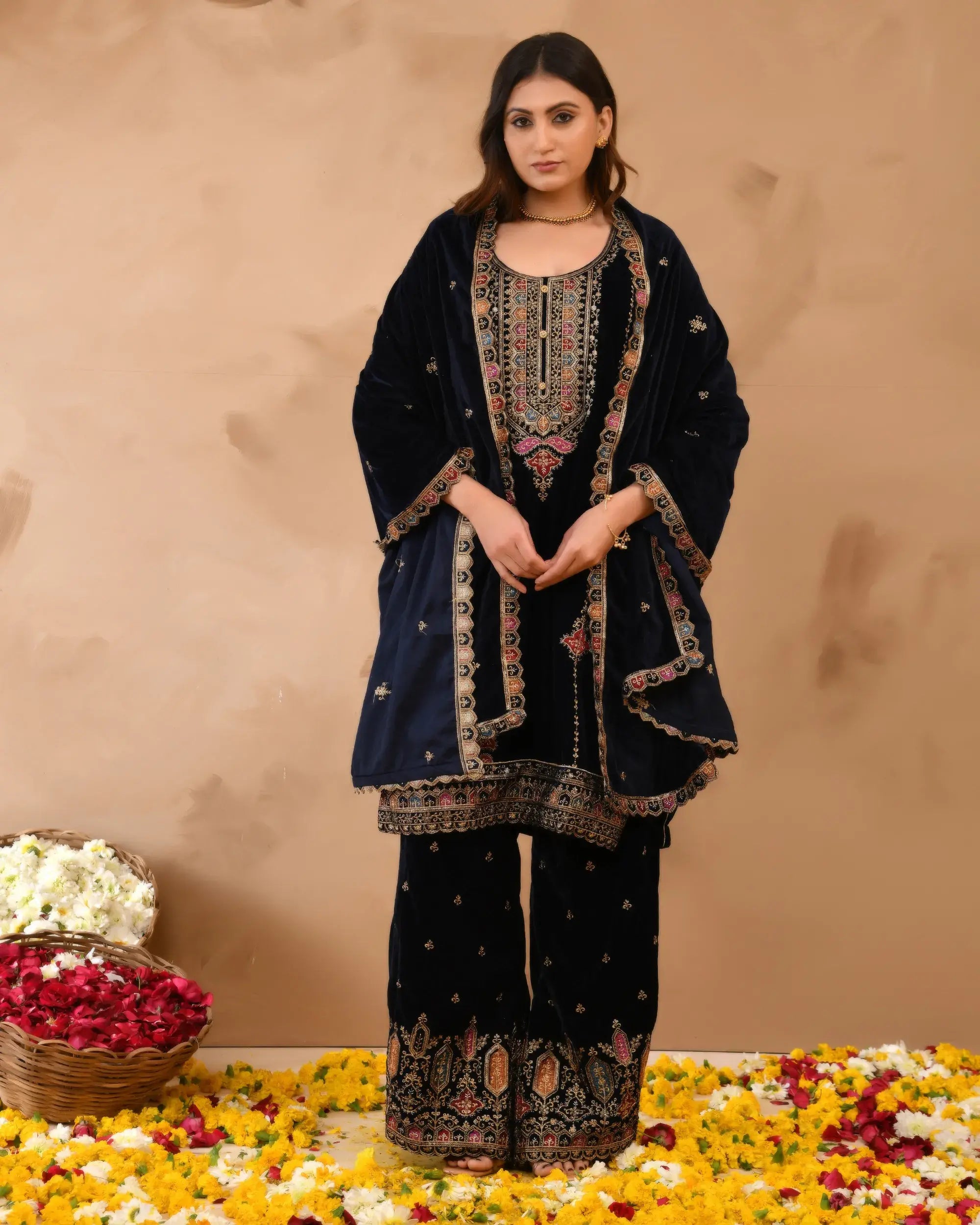 Royal Blue Plush Velvet top With Velvet Plazzo and Dupatta