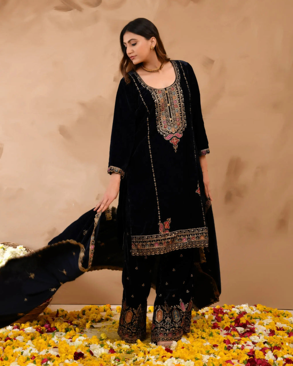 Royal Blue Pure Velvet top With Velvet Plazzo and Dupatta