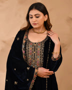 Royal Blue Pure Velvet top With Velvet Plazzo and Dupatta