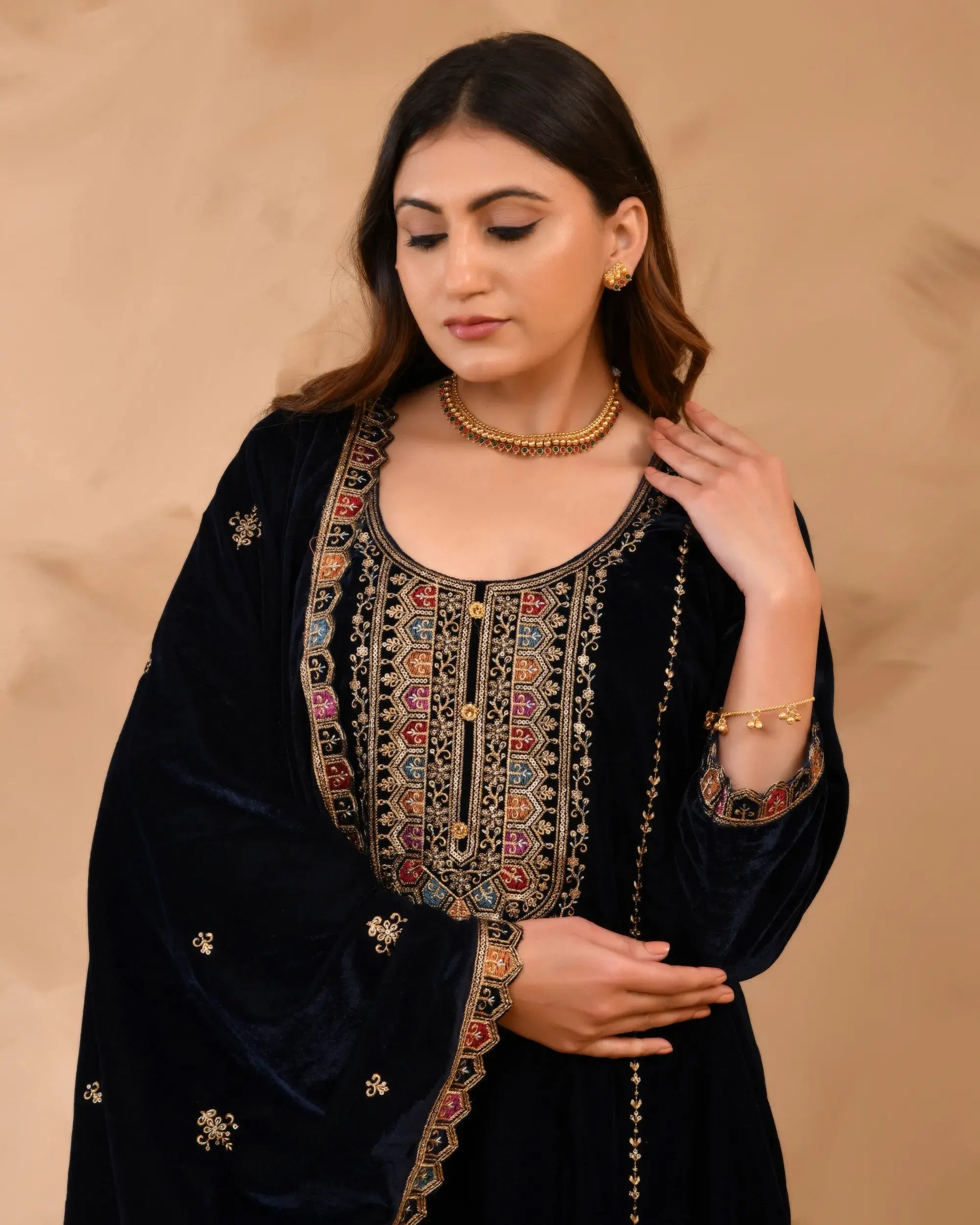 Royal Blue Plush Velvet top With Velvet Plazzo and Dupatta