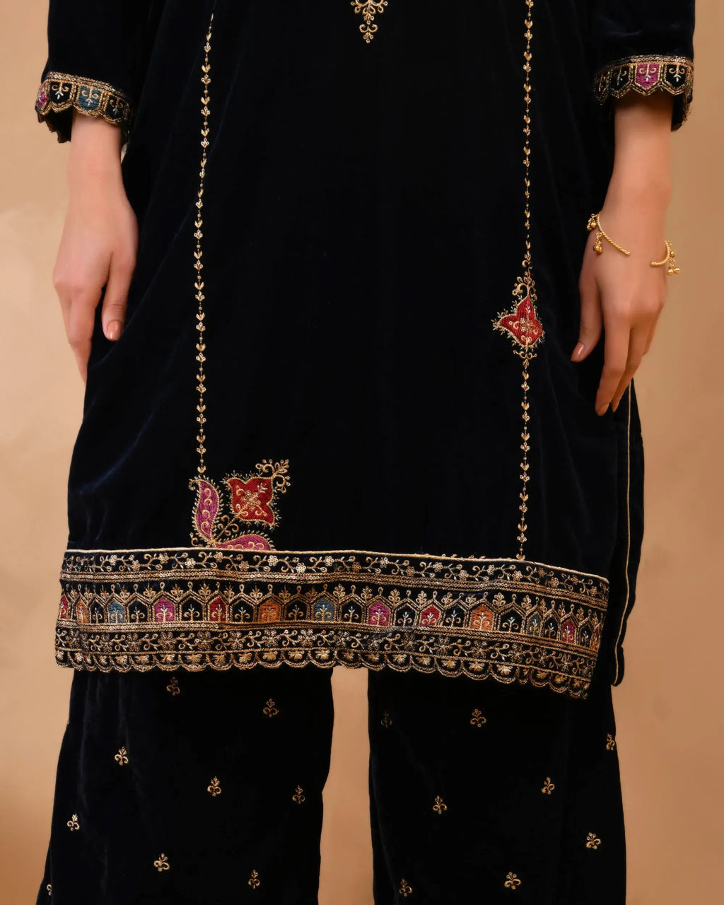 Royal Blue Pure Velvet top With Velvet Plazzo and Dupatta