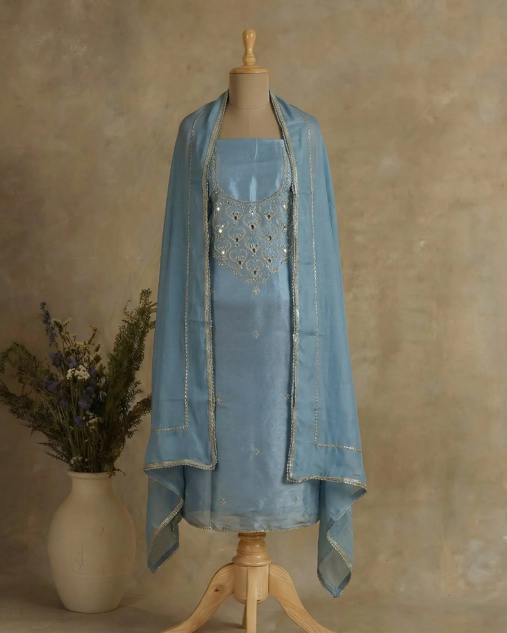 Pure organza silk suit with hand-embroidered stone nalki & dabka work