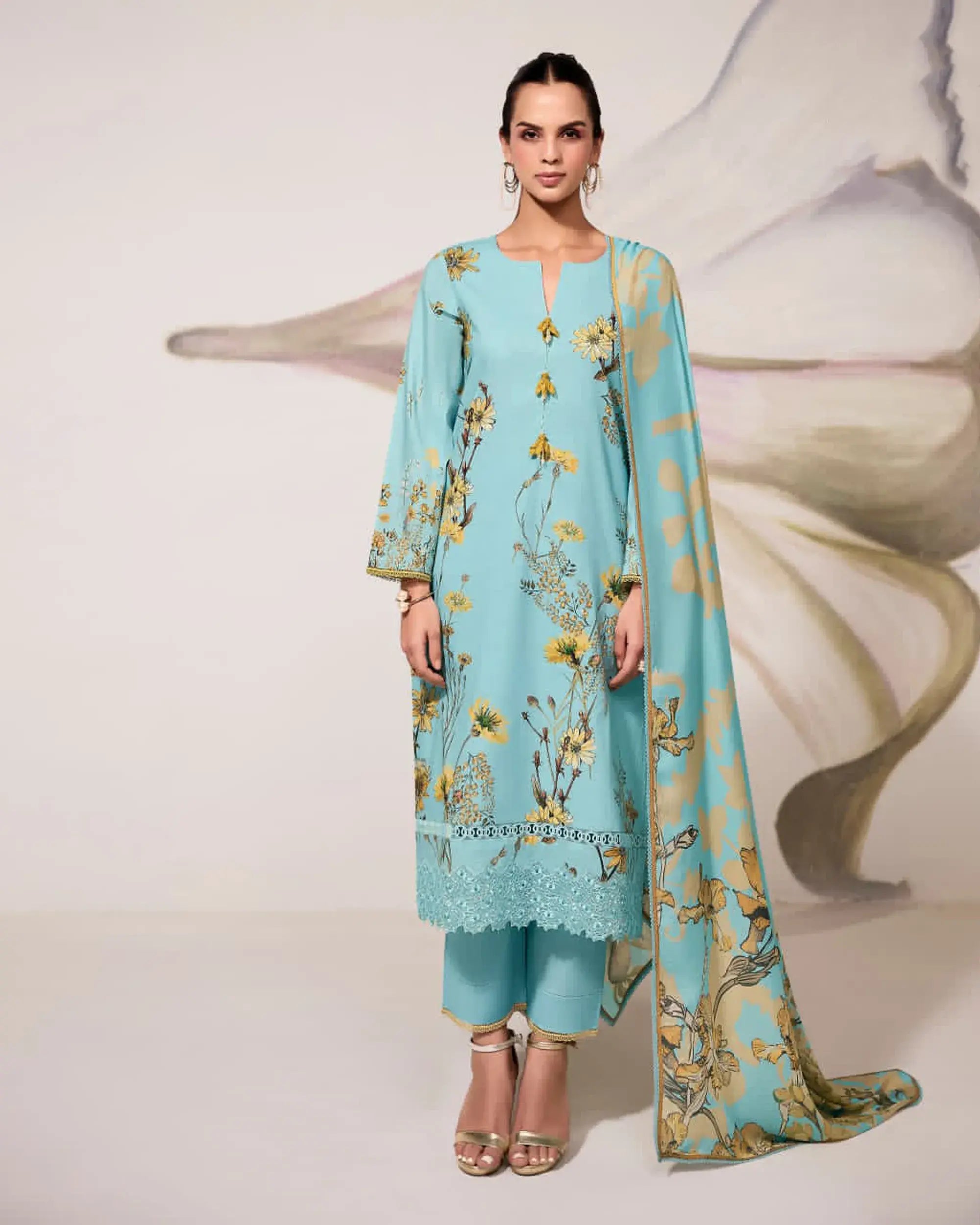 Pure Cotton Lawn Suit with Resham Embroidery Appliqué, Crochet Hemline and Handcrafted Buttons