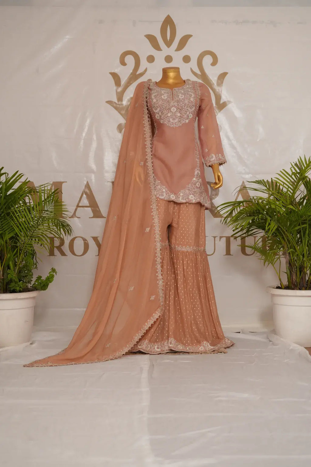 Crushed Shimmer Silk Suit with Pearl & Silver Threadwork and Pure Chinnon Gharara