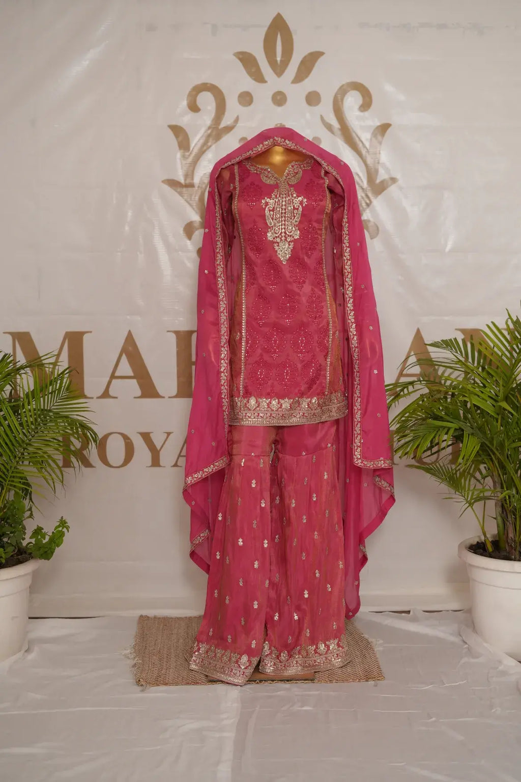 Shimmer Silk Suit & Gharara  with Gold Threadwork (Neck & Borders) & All-over Sequin Work