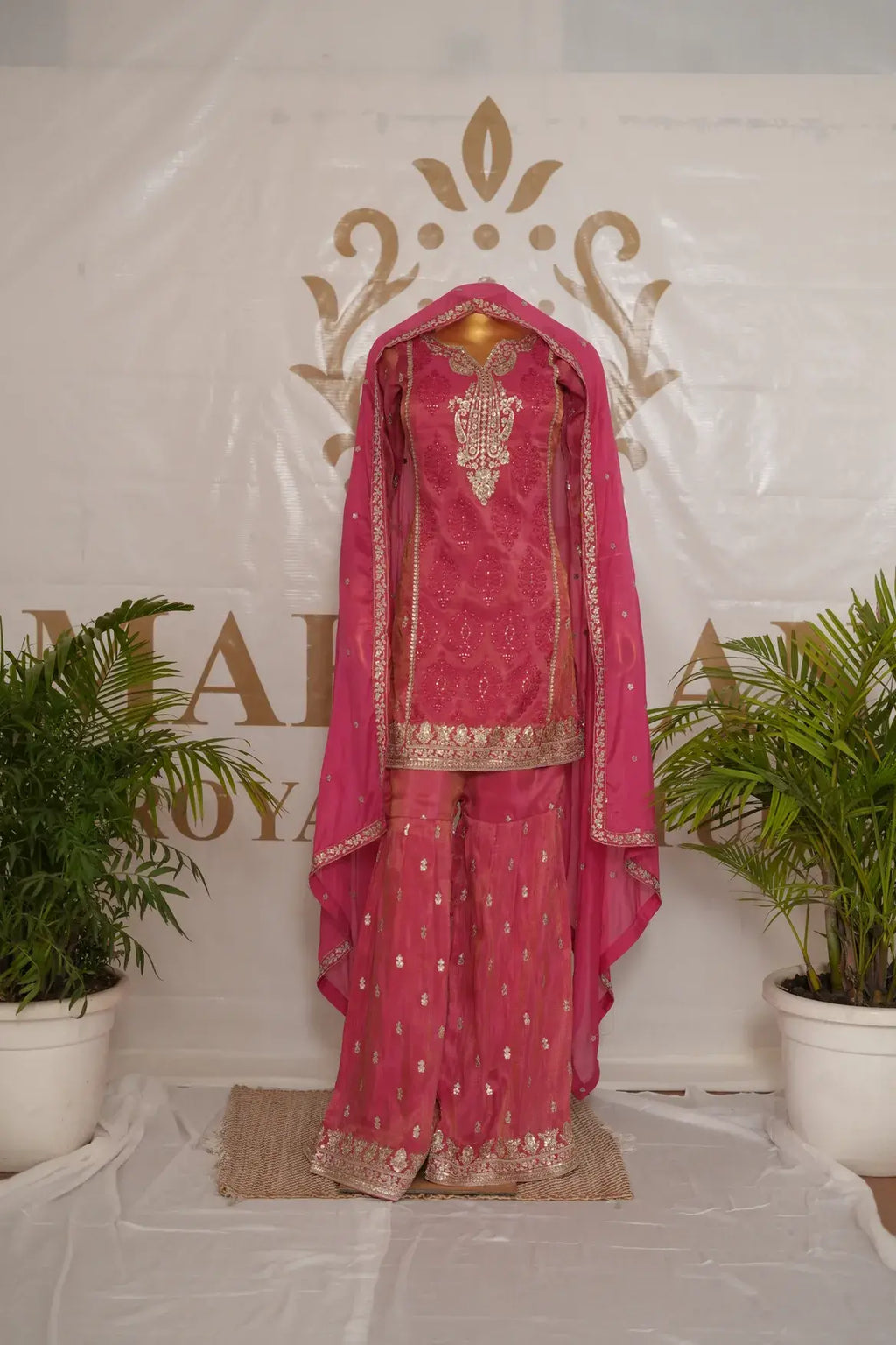 Shimmer Silk Suit & Gharara  with Gold Threadwork (Neck & Borders) & All-over Sequin Work