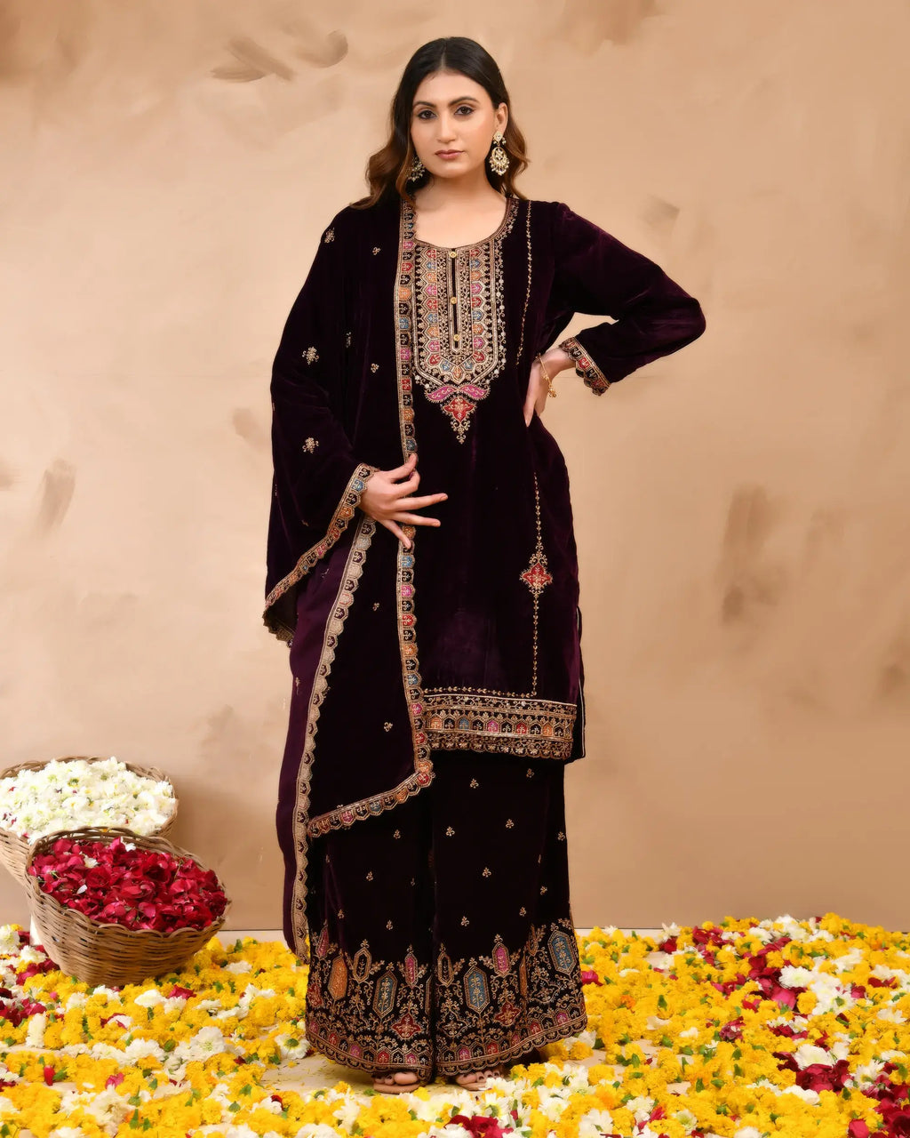 Wine Plush Velvet top With Velvet Plazzo and Dupatta