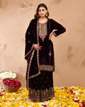 Wine Plush Velvet top With Velvet Plazzo and Dupatta
