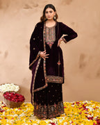 Wine Plush Velvet top With Velvet Plazzo and Dupatta