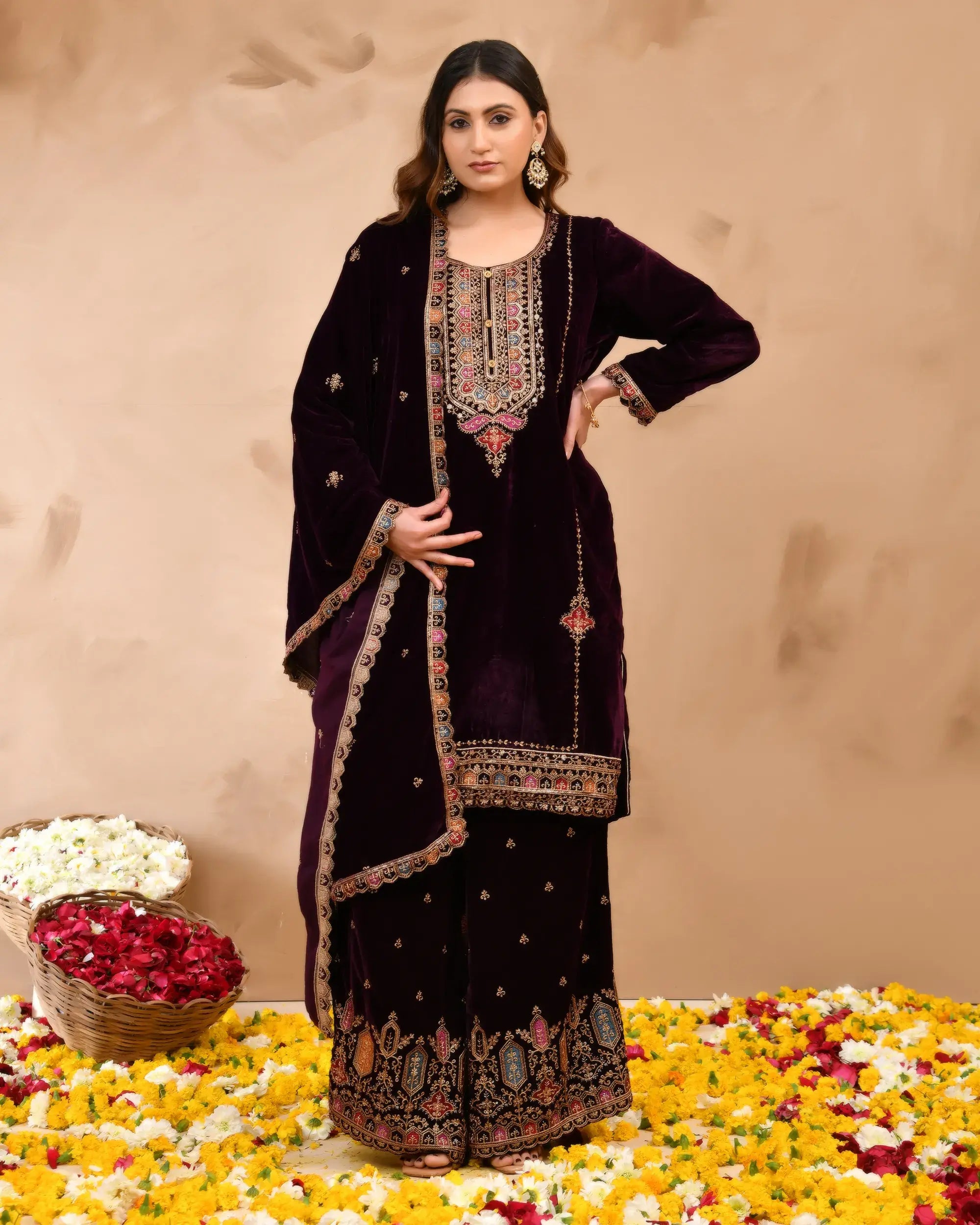 Wine Plush Velvet top With Velvet Plazzo and Dupatta