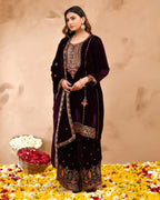 Wine Plush Velvet top With Velvet Plazzo and Dupatta