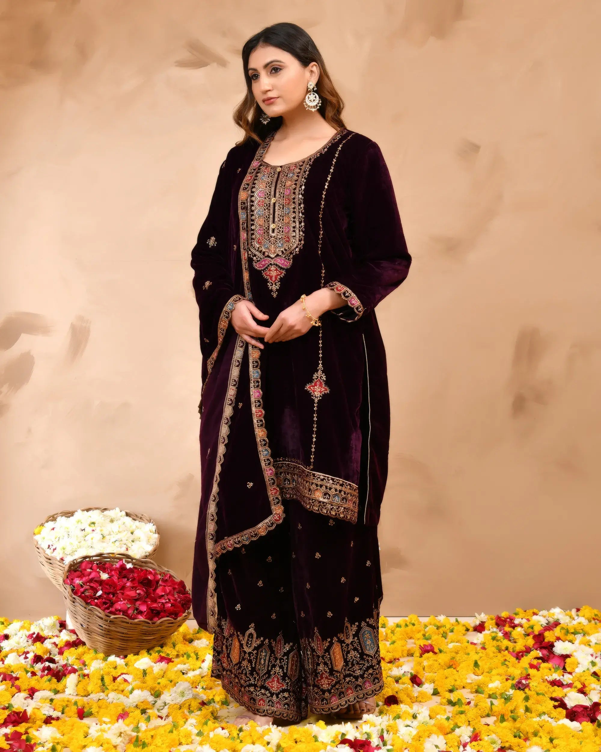Wine Plush Velvet top With Velvet Plazzo and Dupatta