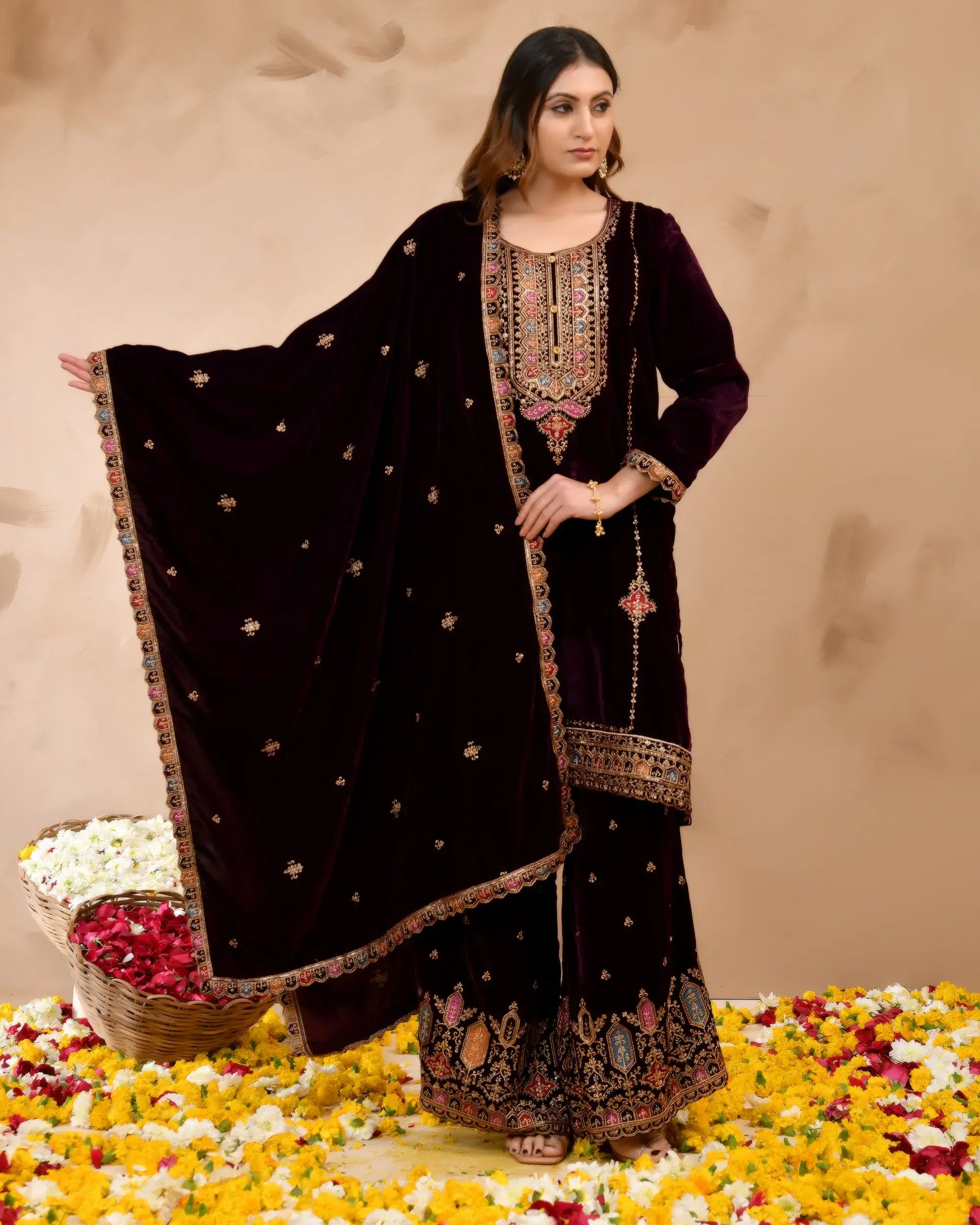 Wine Plush Velvet top With Velvet Plazzo and Dupatta