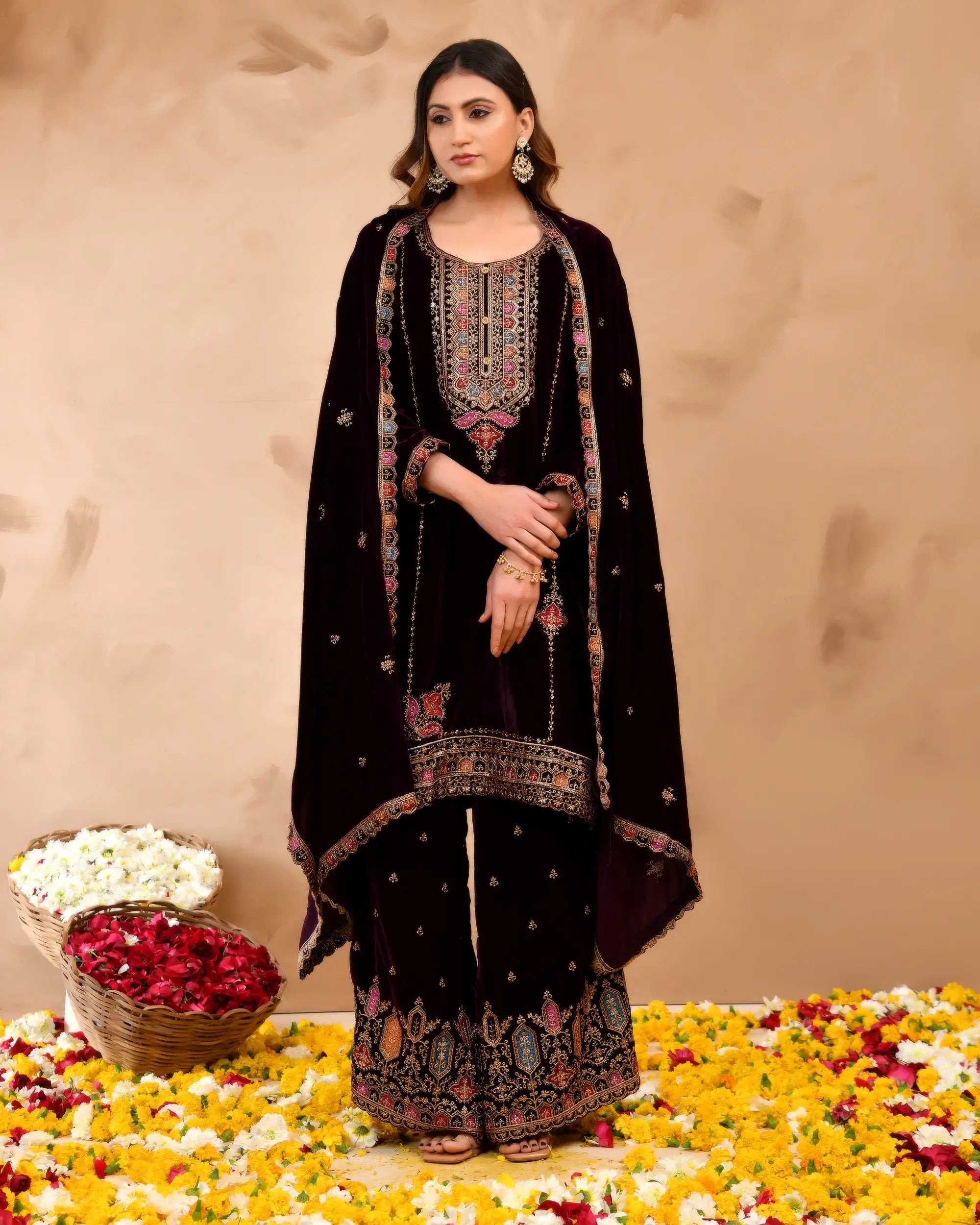Wine Plush Velvet top With Velvet Plazzo and Dupatta