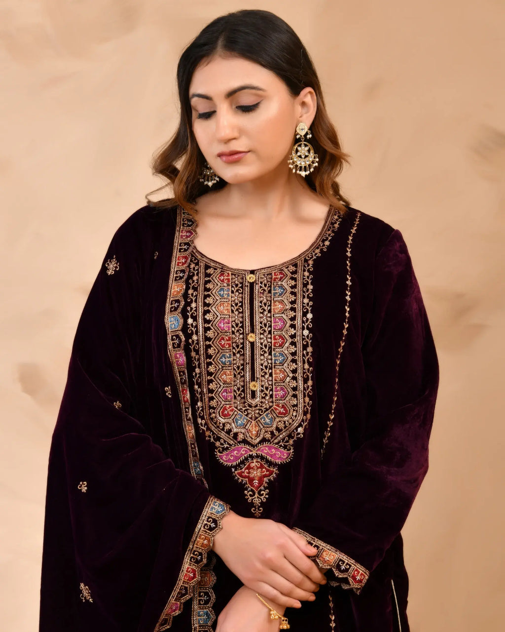 Wine Plush Velvet top With Velvet Plazzo and Dupatta