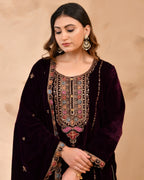 Wine Plush Velvet top With Velvet Plazzo and Dupatta