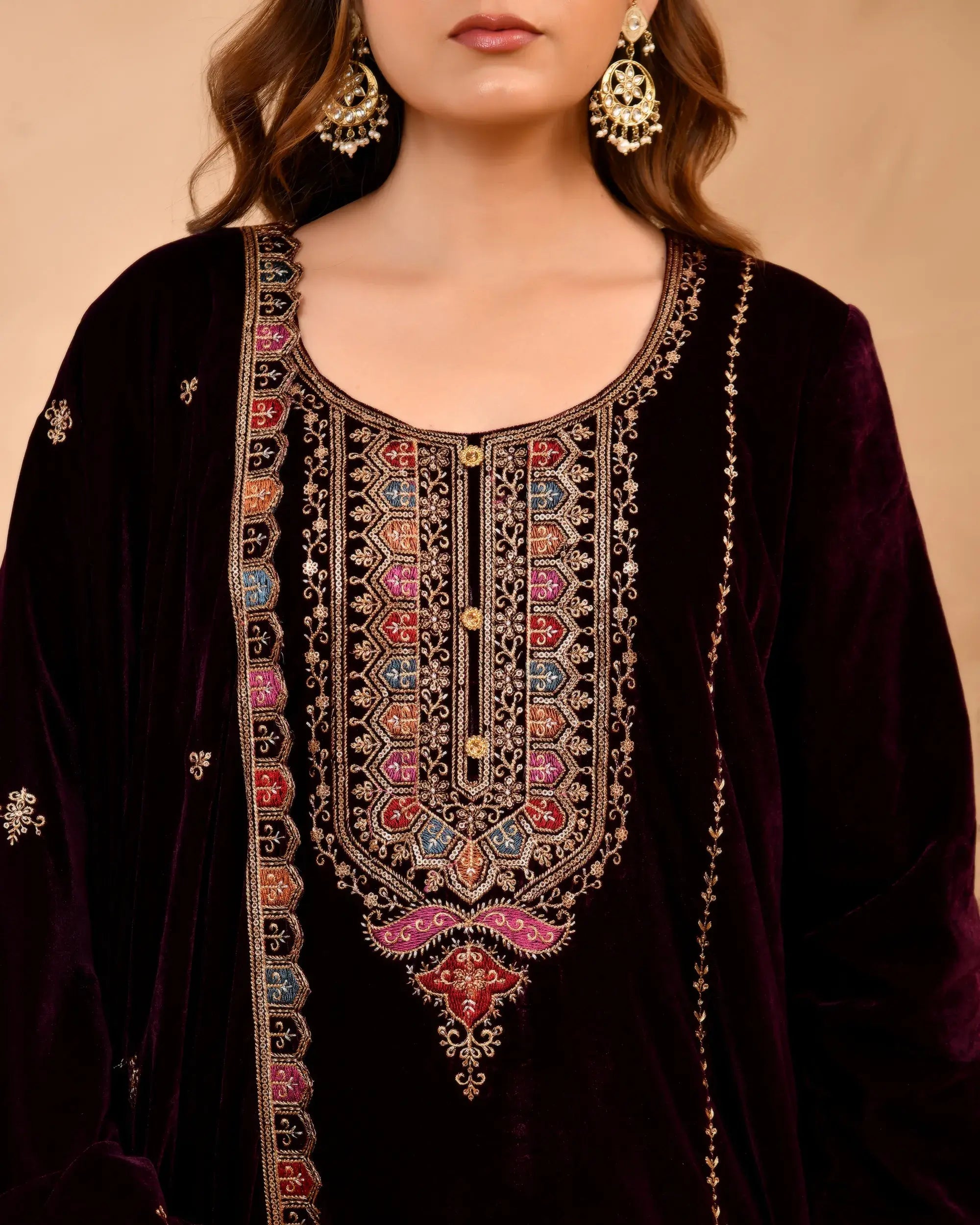 Wine Plush Velvet top With Velvet Plazzo and Dupatta