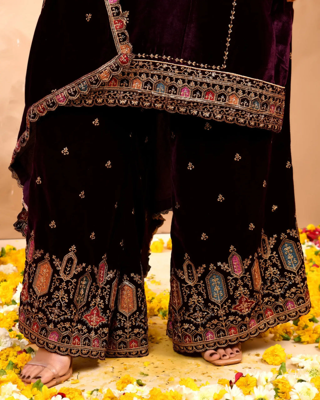 Wine Plush Velvet top With Velvet Plazzo and Dupatta