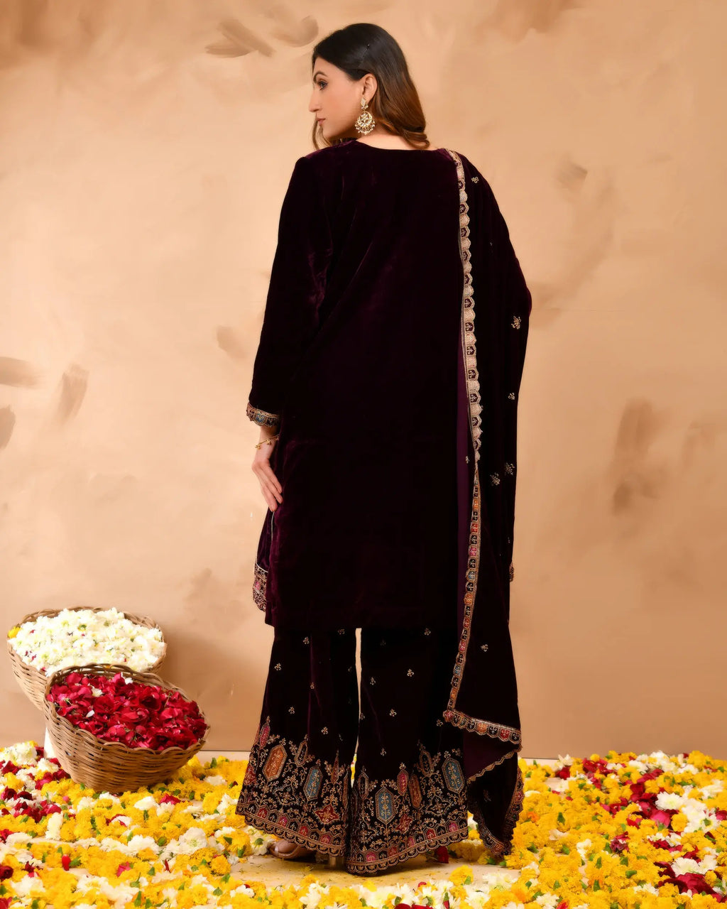 Wine Plush Velvet top With Velvet Plazzo and Dupatta