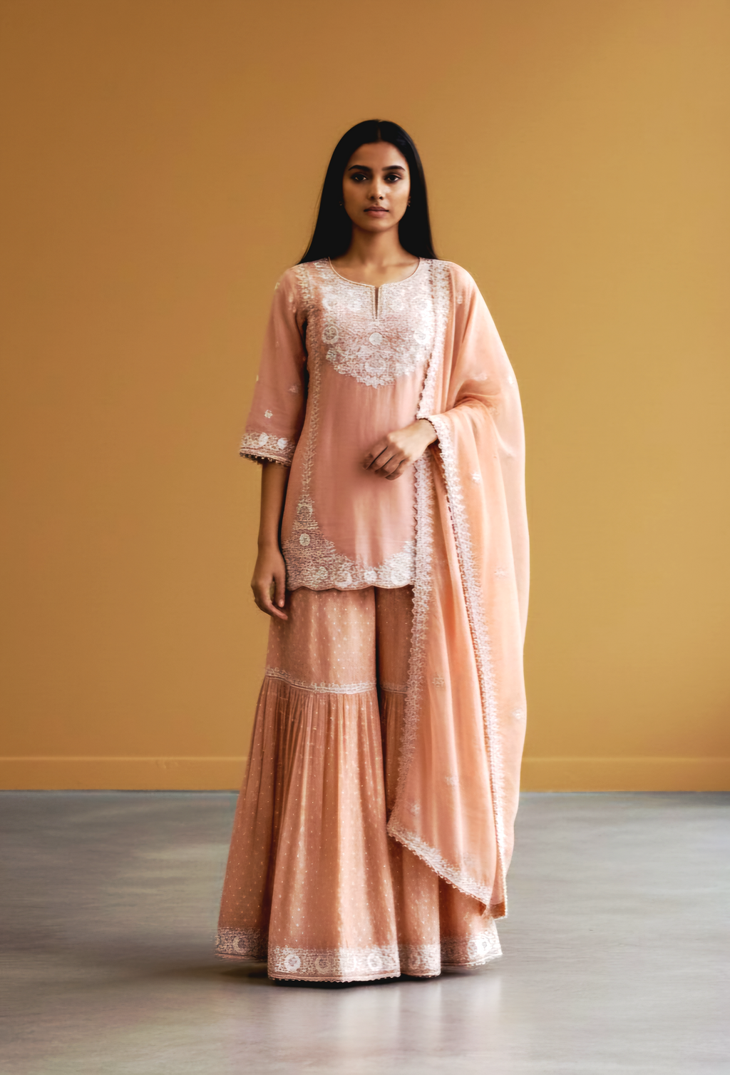 Crushed Shimmer Silk Suit with Pearl & Silver Threadwork and Pure Chinnon Gharara