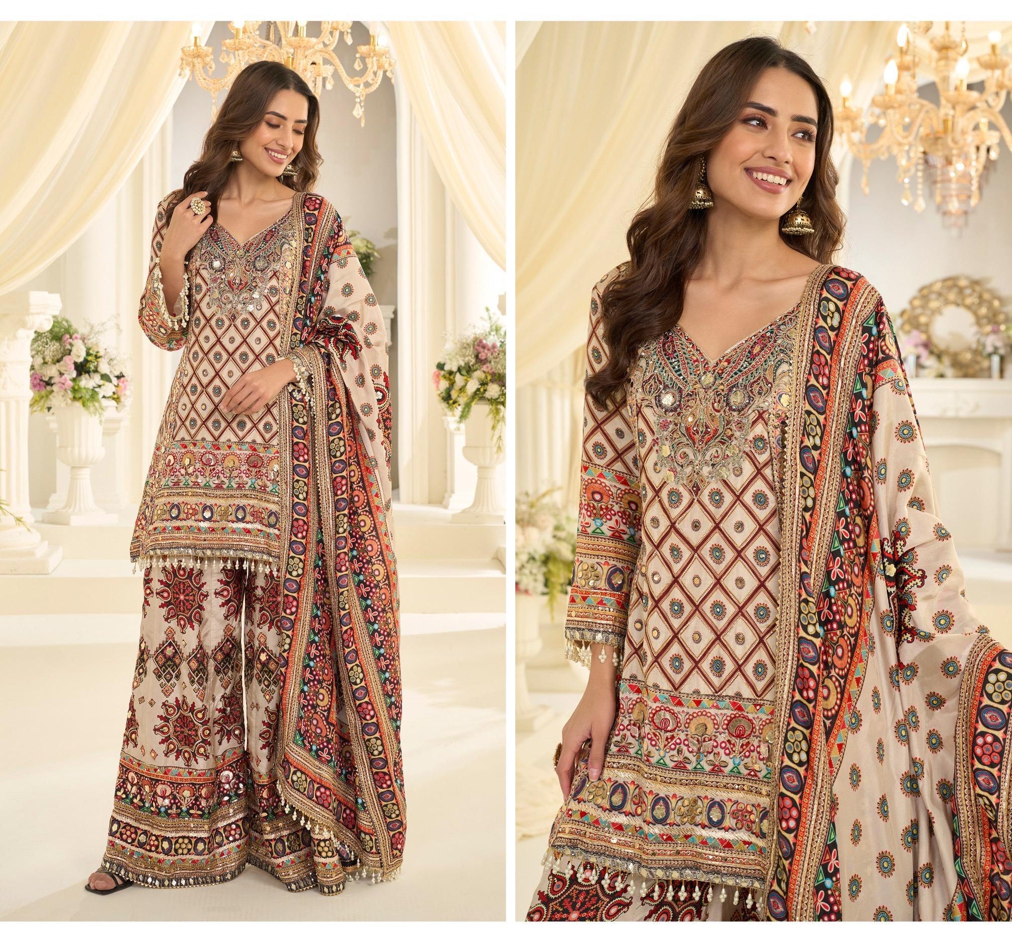 Natural Crepe Silk Suit Printed with Hand Aari & Gota Patti Work