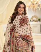 Natural Crepe Silk Suit Printed with Hand Aari & Gota Patti Work