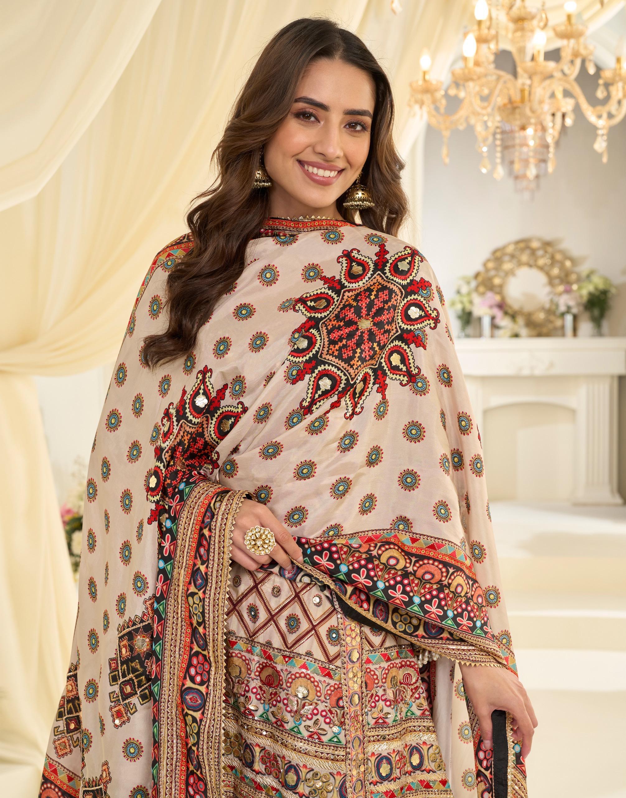 Natural Crepe Silk Suit Printed with Hand Aari & Gota Patti Work