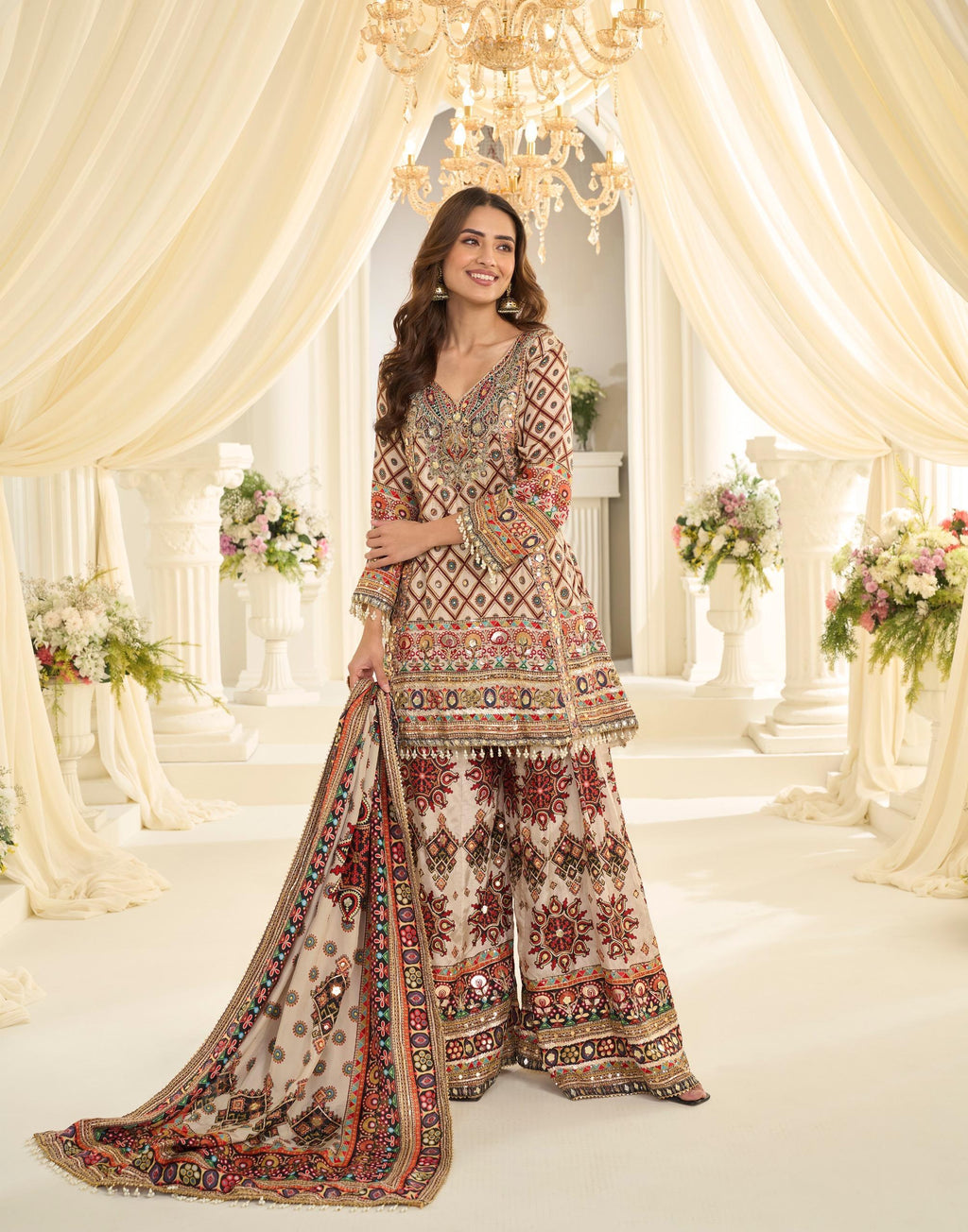 Natural Crepe Silk Suit Printed with Hand Aari & Gota Patti Work