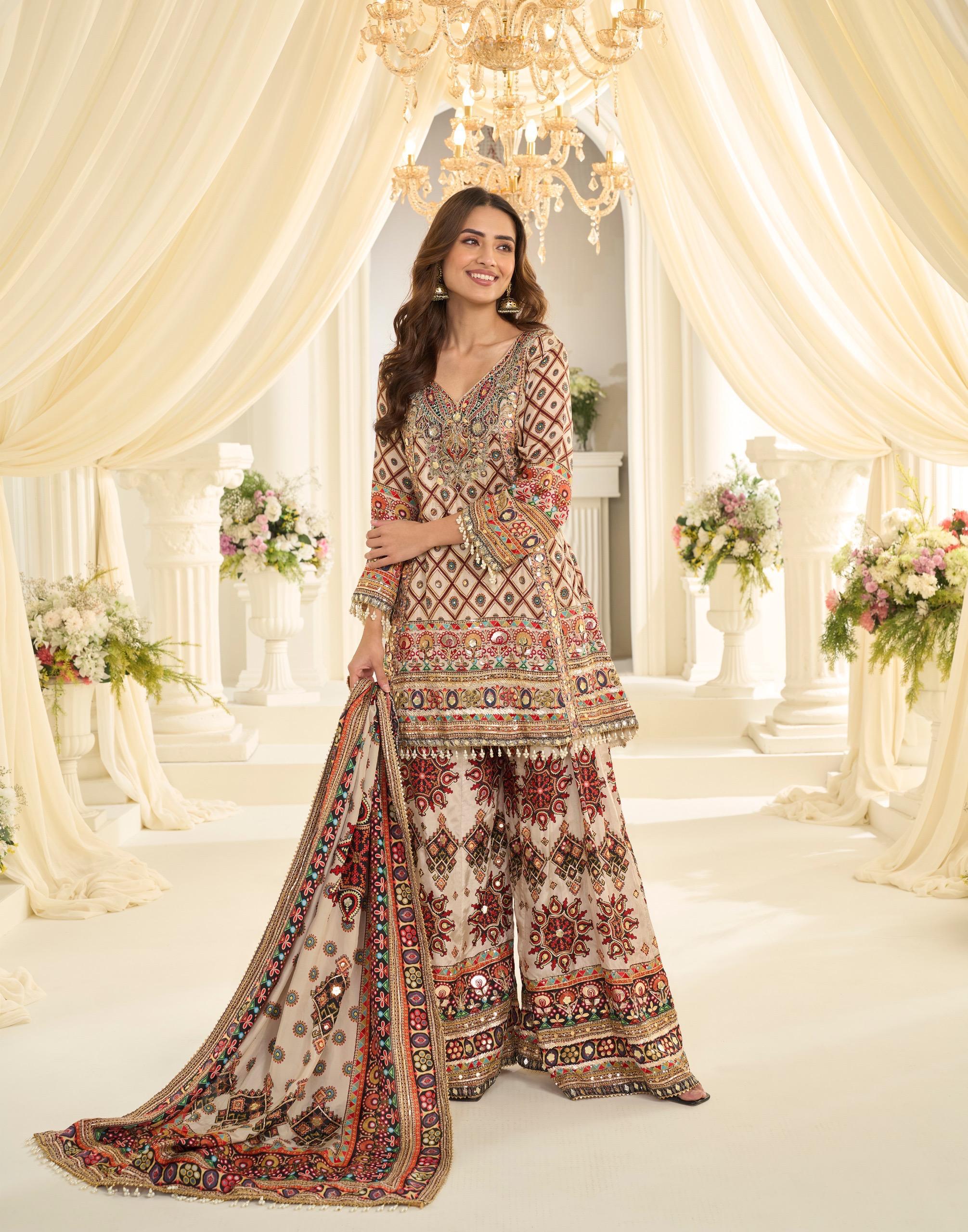 Natural Crepe Silk Suit Printed with Hand Aari & Gota Patti Work