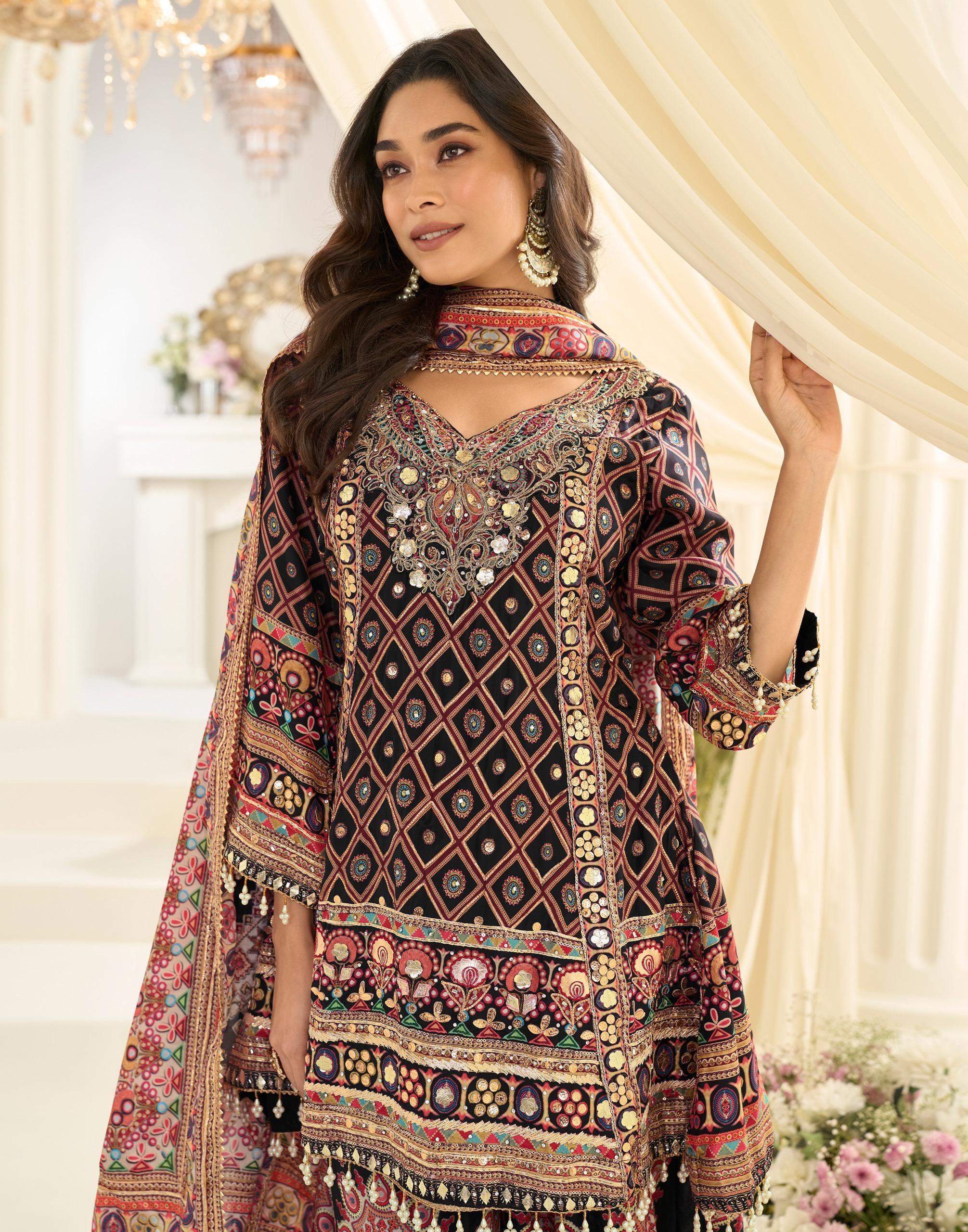 Natural Crepe Silk Suit Printed with Hand Aari & Gota Patti Work