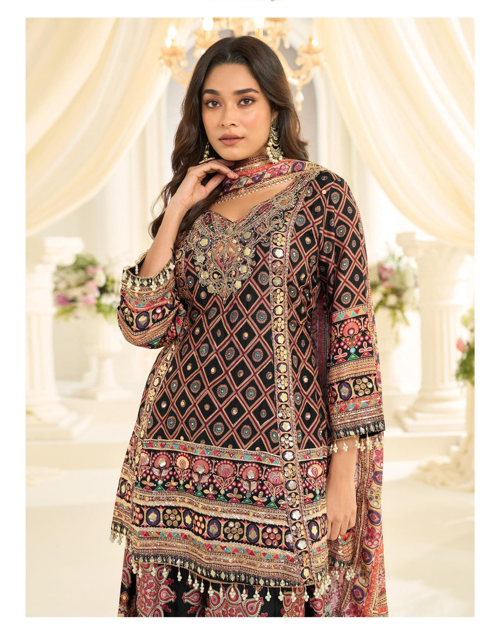 Natural Crepe Silk Suit Printed with Hand Aari & Gota Patti Work