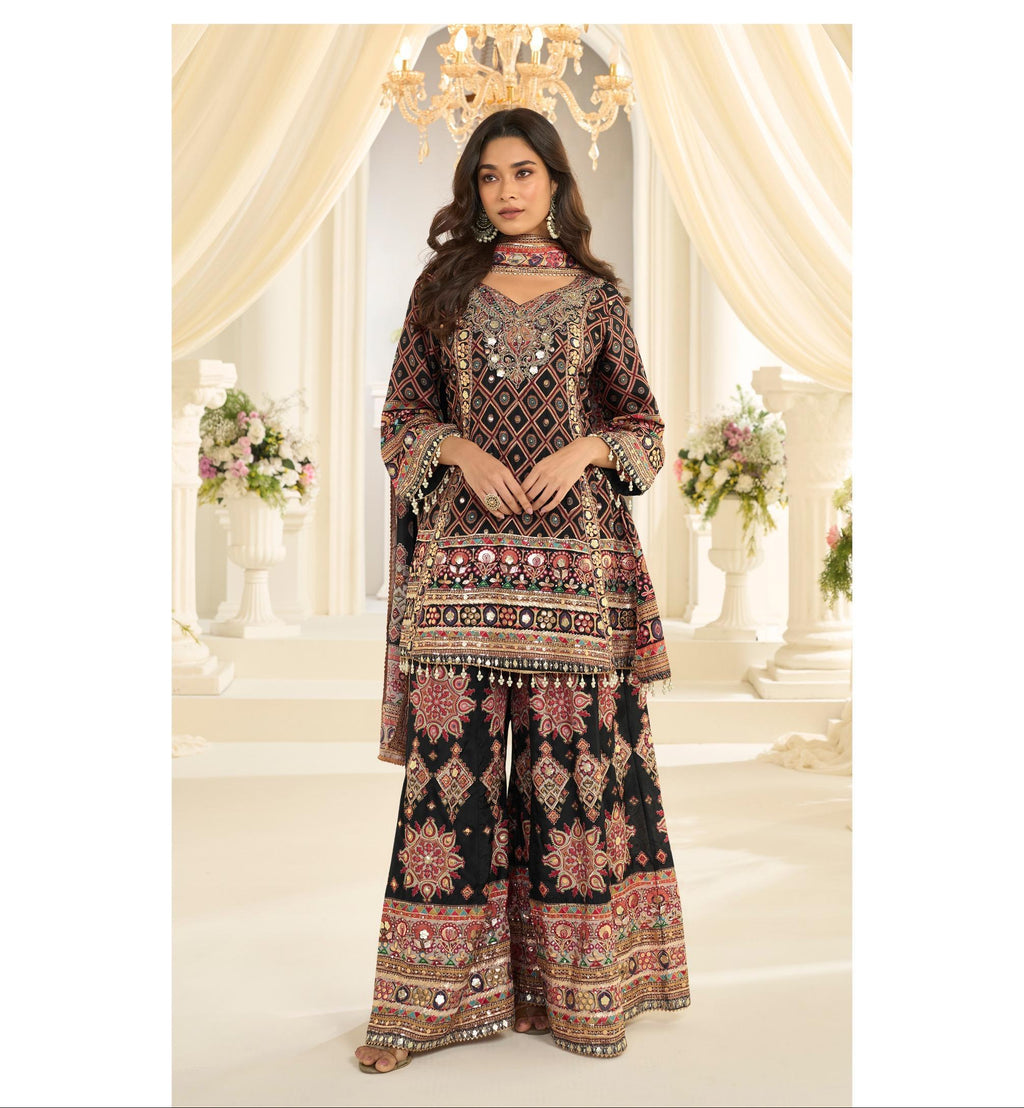 Natural Crepe Silk Suit Printed with Hand Aari & Gota Patti Work