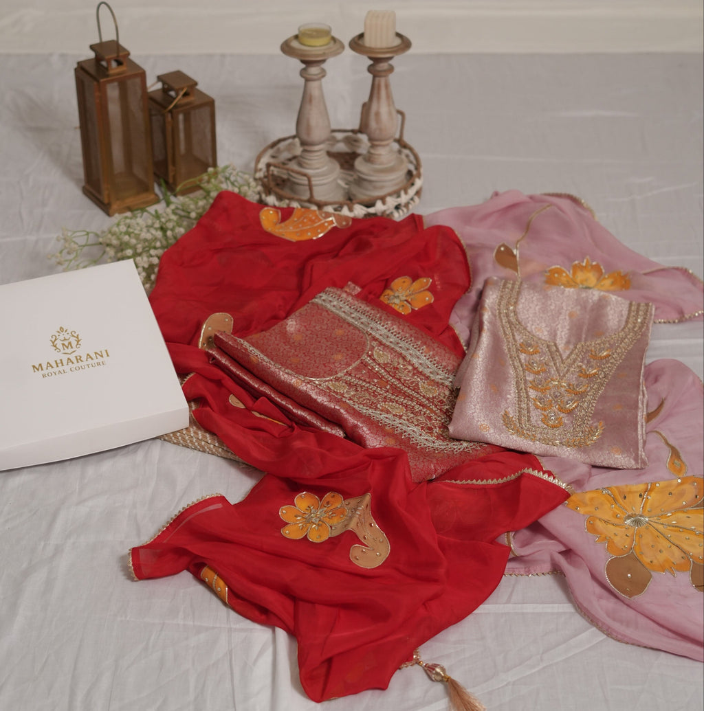 Maharani Royal Couture Banarasi silk suit in red and pink with intricate hand embroidery, sequins, pearls, and painted organza dupatta.
