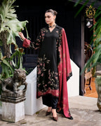 Maharani Royal Couture black viscose muslin suit with digital floral print, handwork, lace detailing, and maroon dupatta.