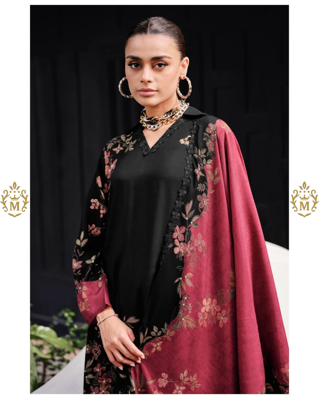 Maharani Royal Couture black viscose muslin kurta with digital floral print, handwork, lace trim, and wine-maroon dupatta.