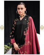 Maharani Royal Couture black viscose muslin kurta with digital floral print, handwork, lace trim, and wine-maroon dupatta.