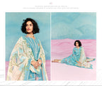 Maharani Royal Couture blue cotton lawn suit with floral digital print, crochet detailing, appliqué, and scalloped borders.