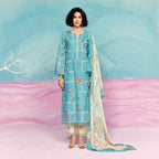 Maharani Royal Couture blue cotton lawn suit with floral print, crochet detailing on neckline and hem, and appliqué work.