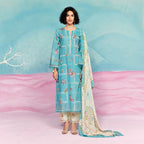 Maharani Royal Couture blue cotton lawn suit with floral digital print, crochet detailing, and appliqué. Paired with a printed muslin dupatta and cotton bottoms.