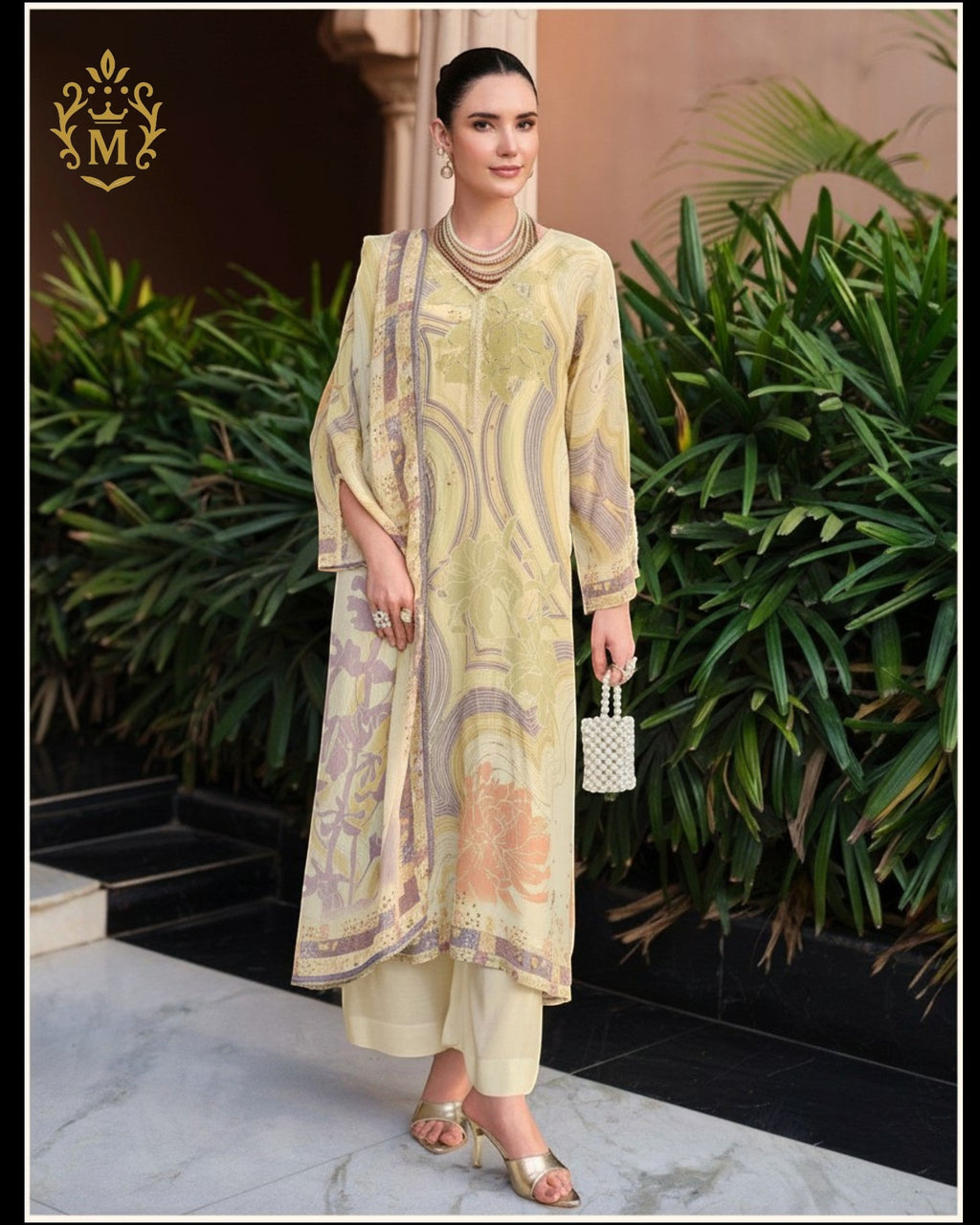 Maharani Royal Couture pale yellow mul cotton suit with digital floral print, dabka work, and lace trim. Includes dupatta and solid bottoms.