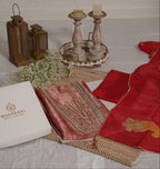 Maharani Royal Couture red Banarasi silk suit with intricate hand embroidery, sequins, pearls, and organza dupatta with painted motifs.