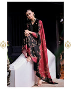 Maharani Royal Couture black viscose muslin kurta with digital floral print, handwork, and lace. Paired with a wine-maroon printed dupatta.