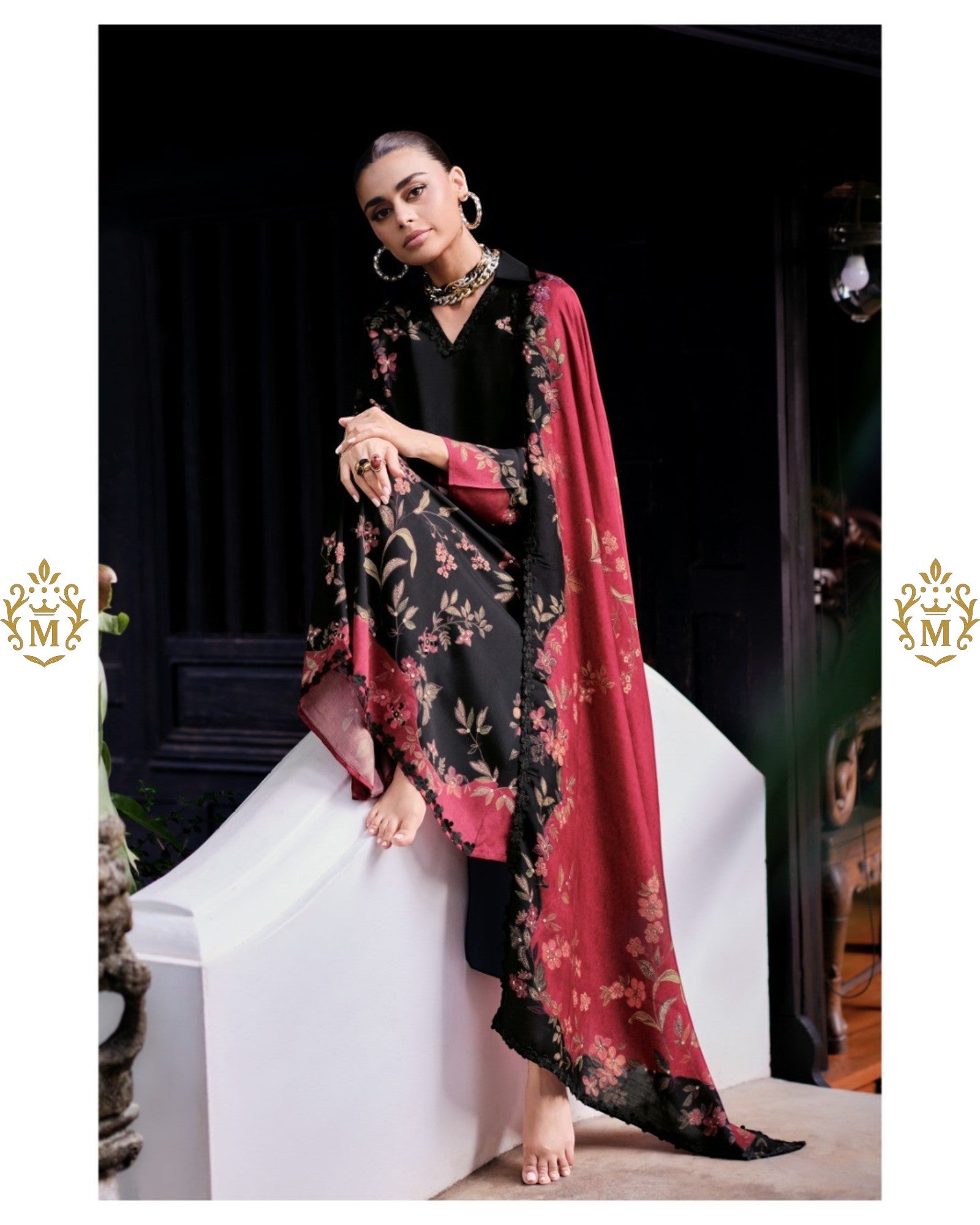 Maharani Royal Couture black viscose muslin kurta with digital floral print, handwork, and lace. Paired with a wine-maroon printed dupatta.