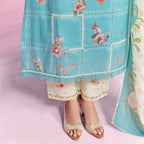 Maharani Royal Couture light blue cotton lawn suit with floral digital prints, crochet detailing, and appliqué work.