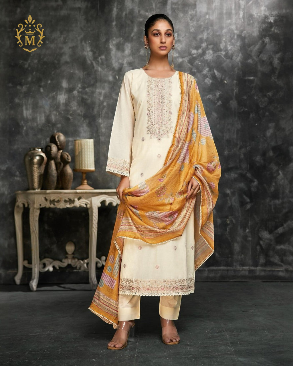 Maharani Royal Couture cream pure lawn cotton suit with handwork embroidery, lace border, and digital print dupatta.