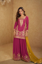Maharani Royal Couture magenta chinon silk suit with heavy gold embroidery and handwork, palazzo pants, and embroidered dupatta.