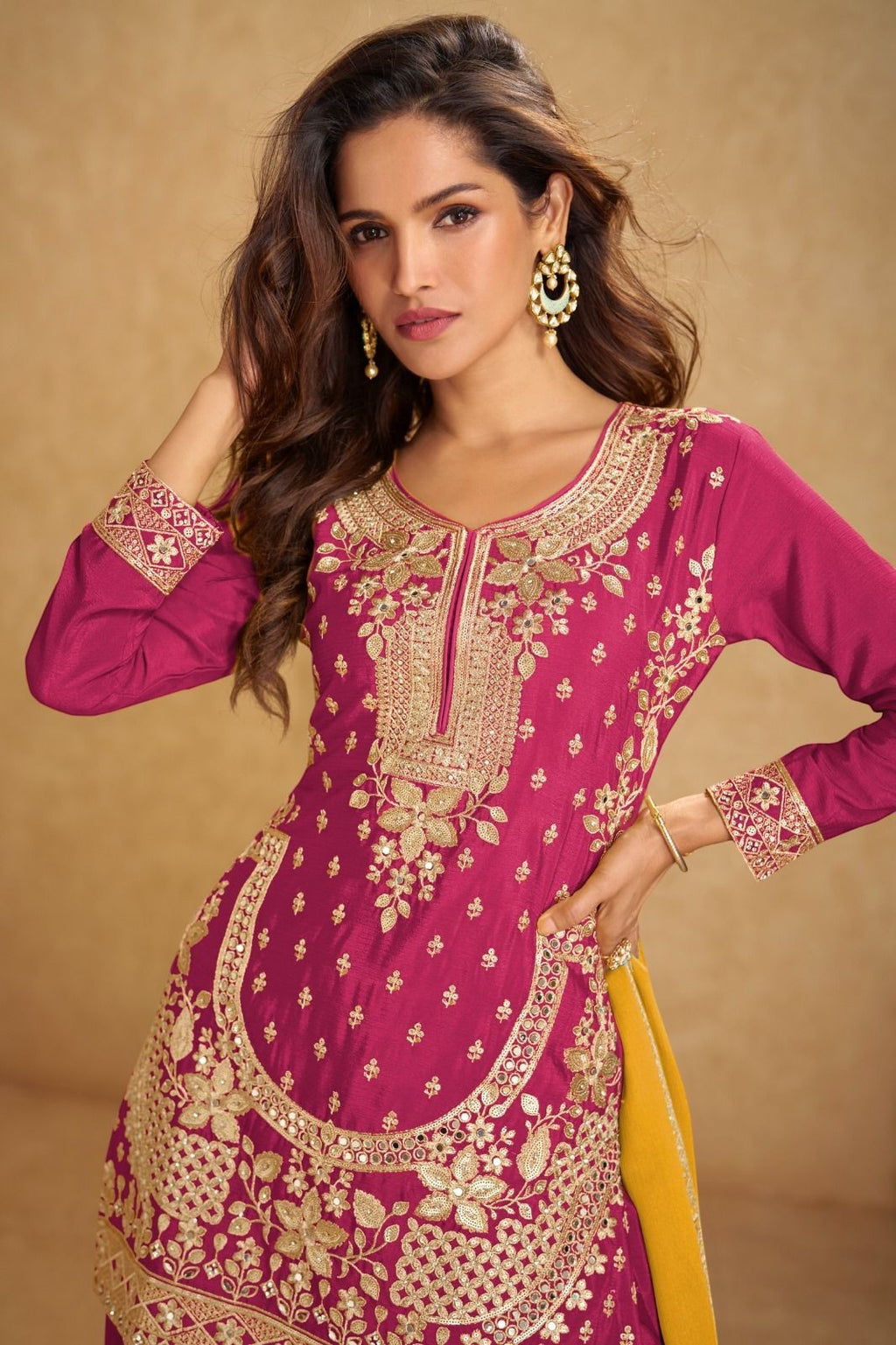 Maharani Royal Couture magenta chinon silk suit with heavy gold embroidery and handwork, palazzo pants, and embroidered dupatta.