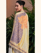 Maharani Royal Couture mul cotton suit with floral digital print, dabka work, and lace finish. Pastel yellow and lilac dupatta.